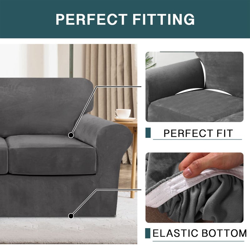 FantasDecor 3 Piece Sofa Covers Velvet for 2 Cushion Couch Stretch Loveseat Slipcover with Individual Seat Elastic Furniture Protector for Pets (Loveseat, Gray) - Image 5